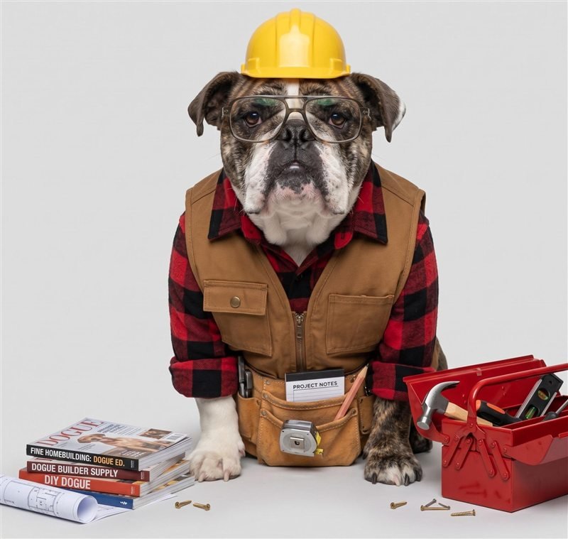 Agnes the English bulldog in a yellow hard hat, glasses, flannel shirt, canvas vest and tool belt, next to a red toolbox and a stack of magazines