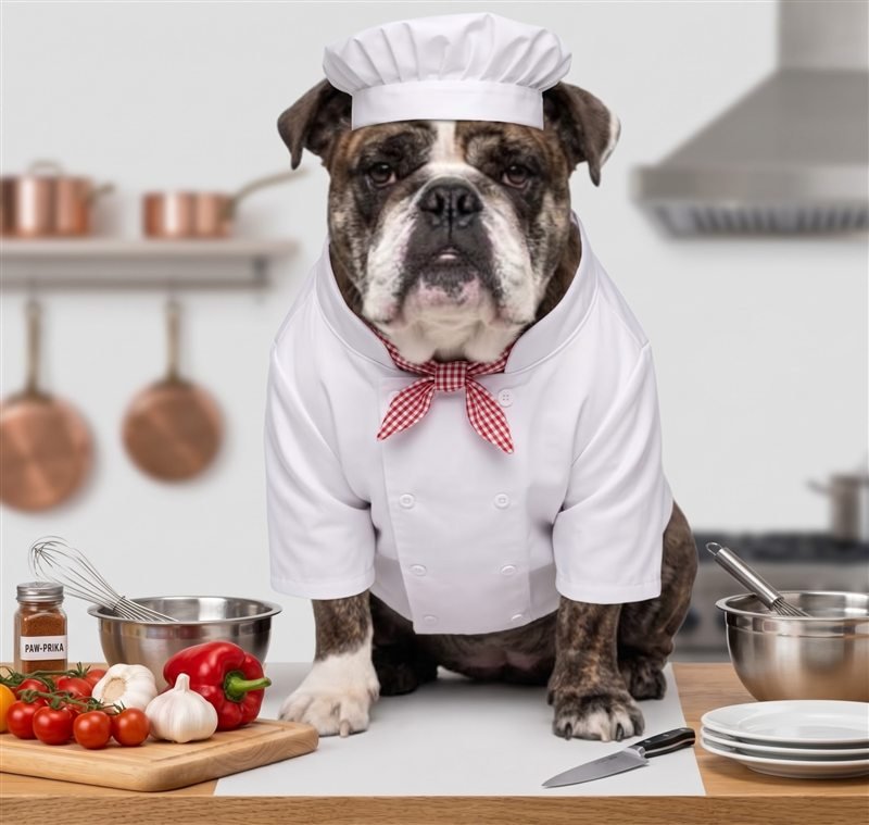 Agnes the English bulldog dressed as a chef in a white jacket, chef's hat and red gingham neckerchief