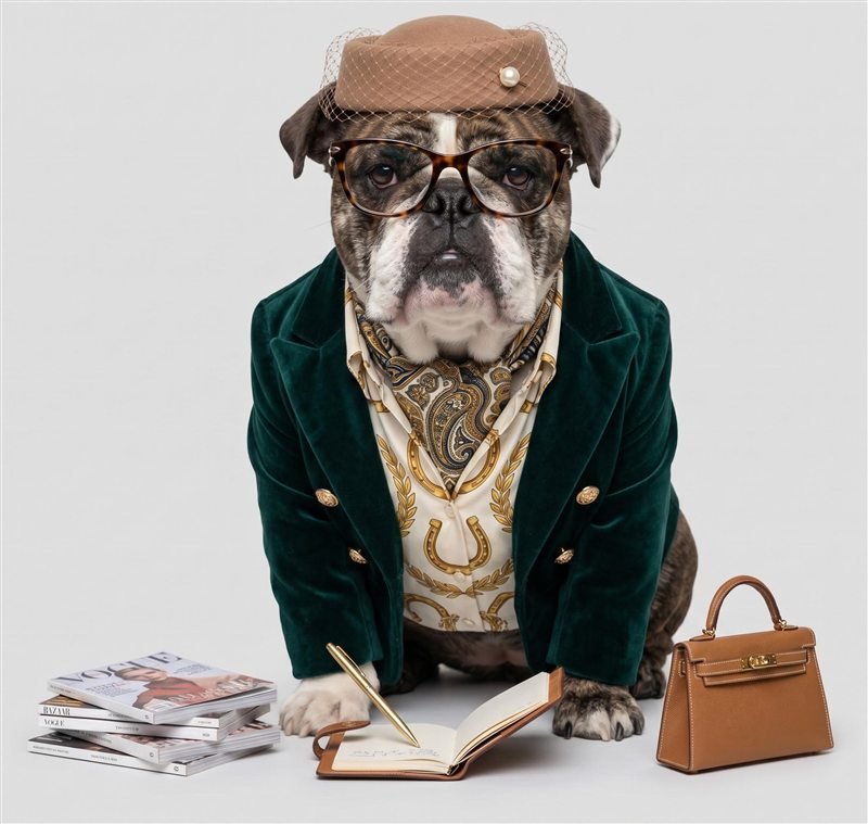 Agnes the English bulldog in a pillbox hat, tortoiseshell glasses and a green velvet blazer, writing in a notebook beside fashion magazines and a tan handbag