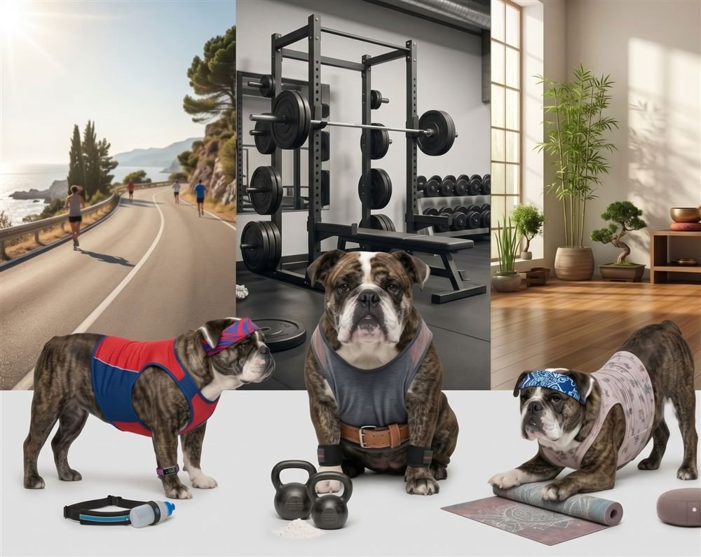 Three views of Agnes the English bulldog dressed for fitness: running on a coastal road, lifting in a home gym with kettlebells, and stretching on a yoga mat