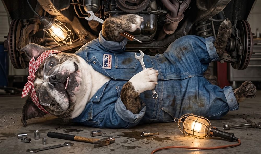 Agnes the English bulldog in denim coveralls, a red gingham bandana and safety glasses, lying under a car with a wrench and a work light