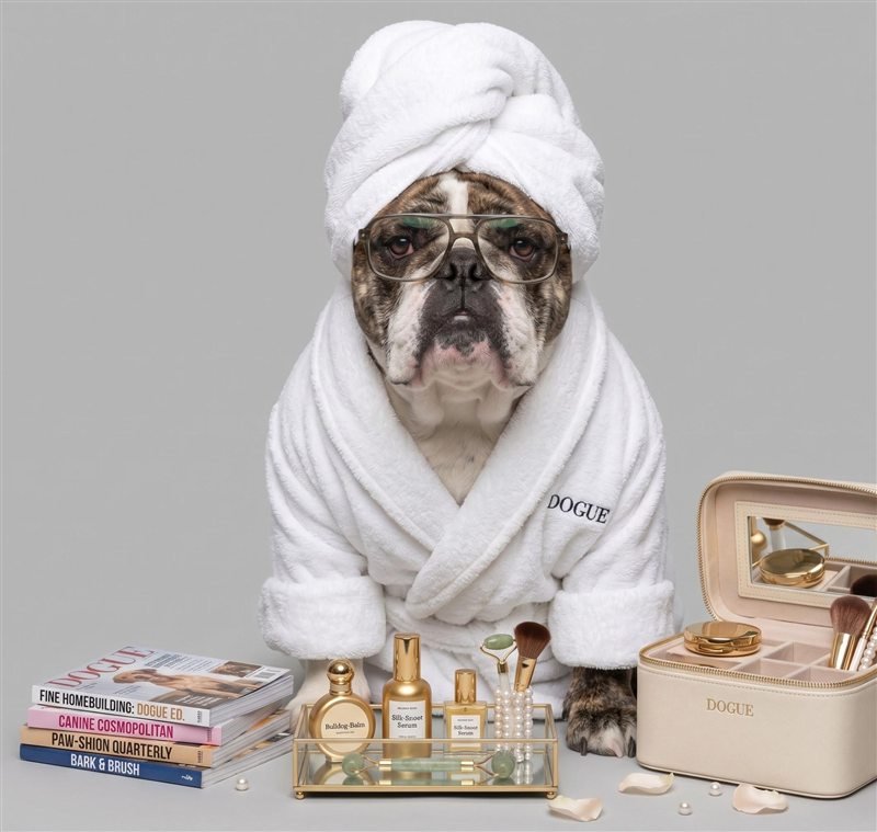 Agnes the English bulldog in a white spa robe and towel turban with glasses, beside a mirrored tray of beauty products and a cream makeup case