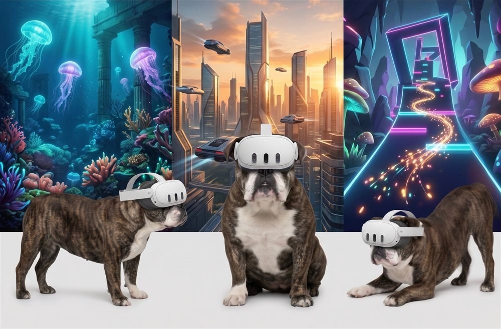 Three views of Agnes the English bulldog wearing a Meta Quest 3 headset in front of underwater, futuristic city and neon game worlds